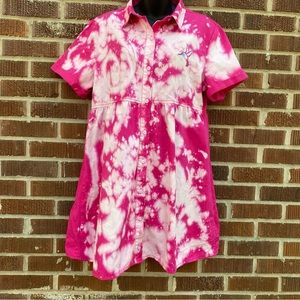 Upcycled short sleeve button down light weight denim bleach tie dye dress Sz L